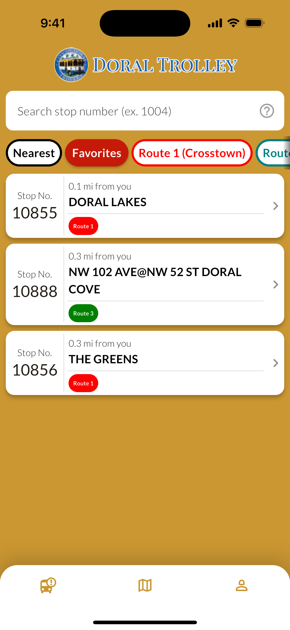 Favorites tab showing saved Doral trolley stops for quick access