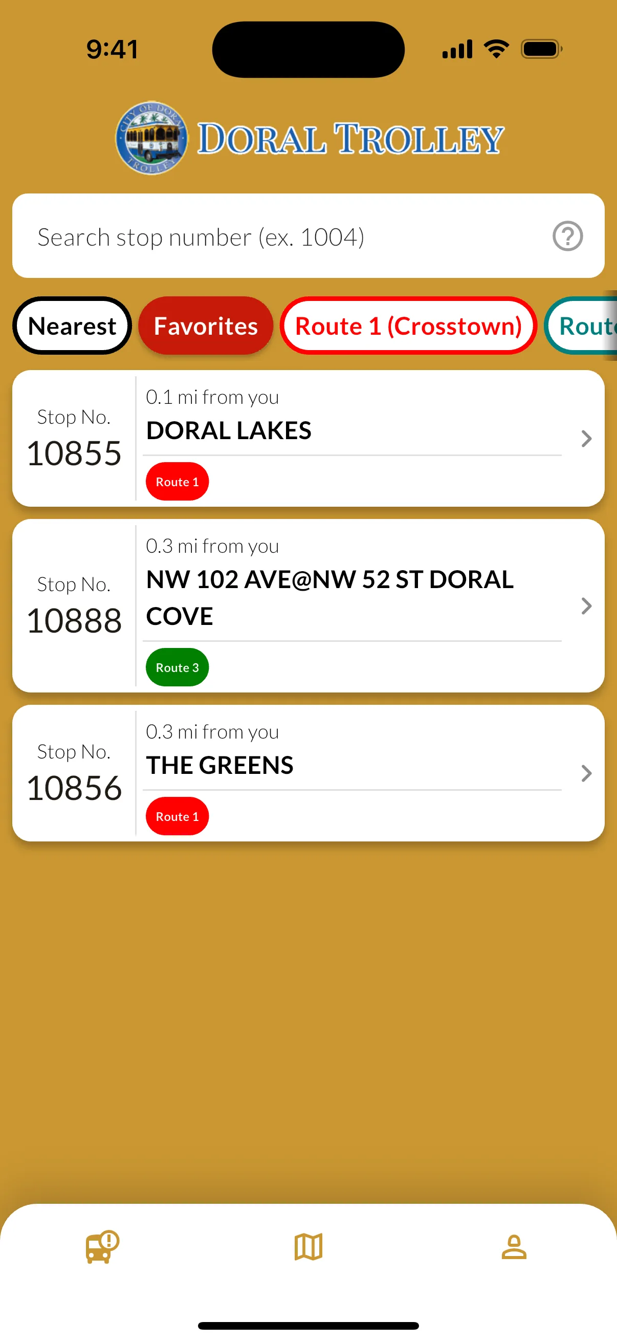 Favorites tab showing saved Doral trolley stops for quick access