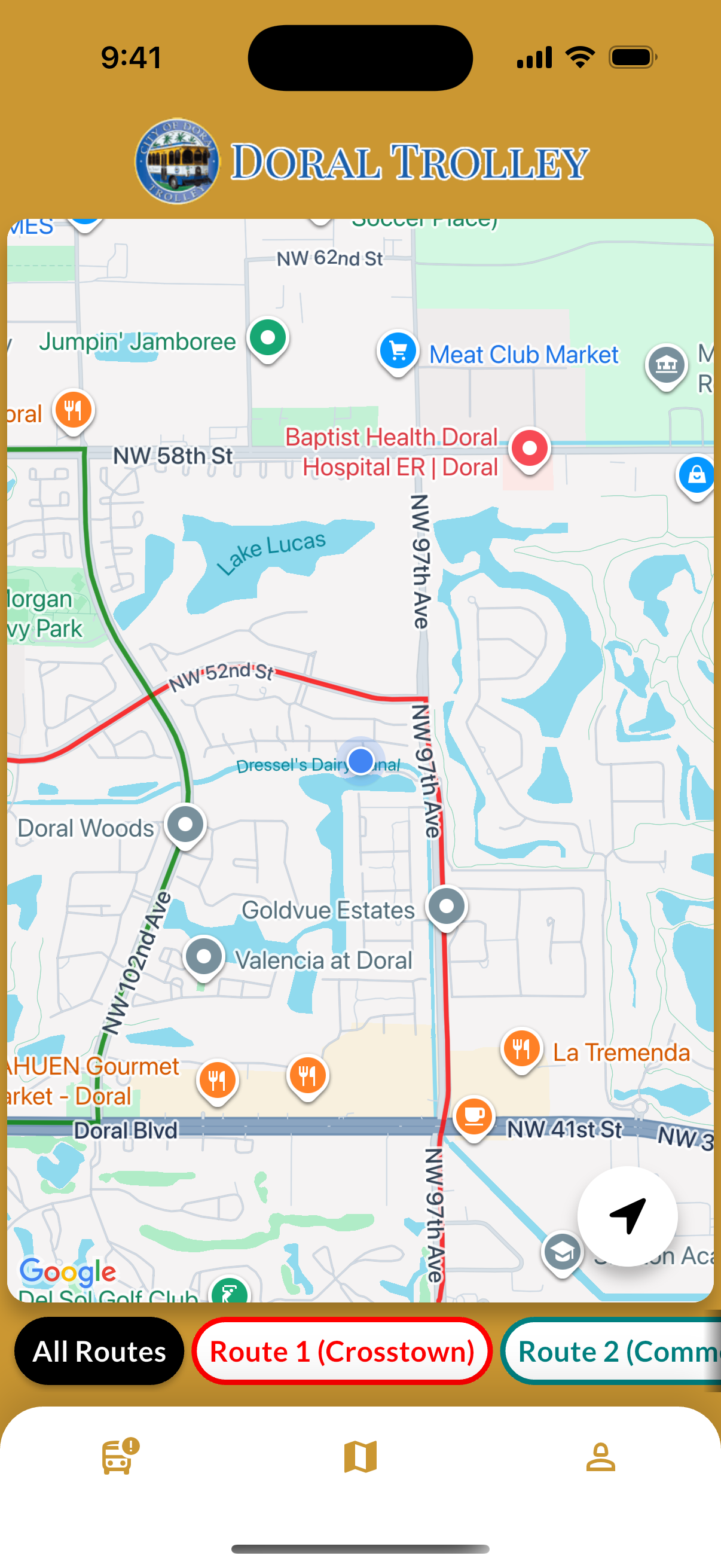 Interactive map view showing Doral trolley routes and stops