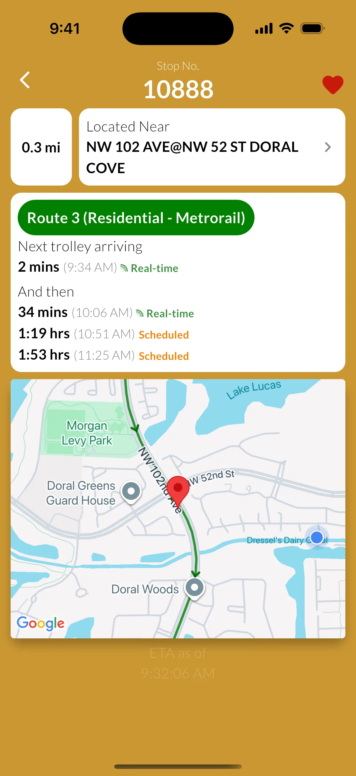 Stop detail screen showing upcoming Doral trolley arrivals with live data